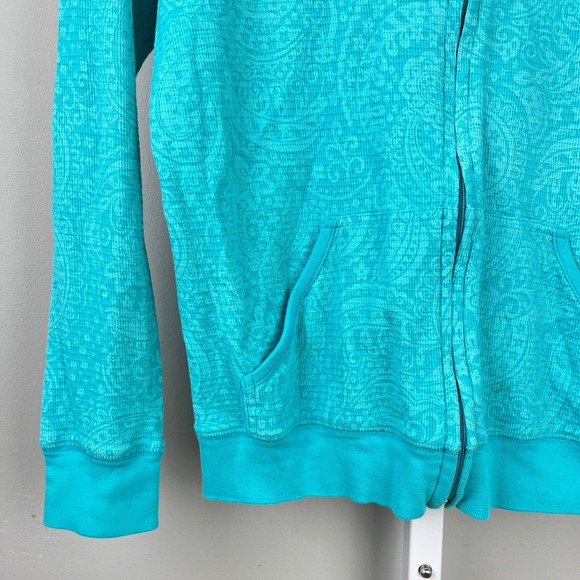 Fresh Produce Waffle Knit Hoodie Womens M Teal Paisley Light Weight Full Zip - Picture 4 of 7